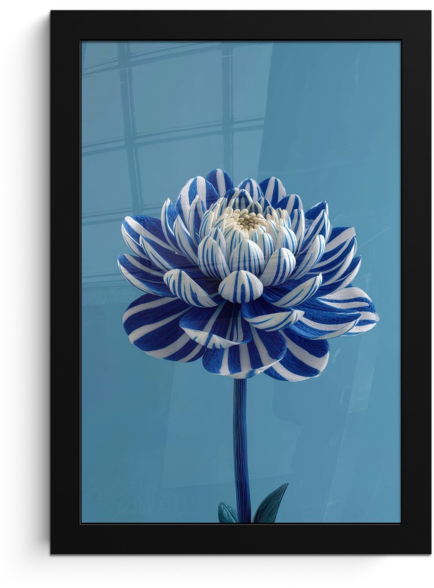 FrameYourWall Poster in lijst - Fotolijst 20x30 cm - Posters - Bloem - Blauw - Bloemblaadjes - Streepjes - Posterlijst zwart - Decoratie - Wanddecoratie woonkamer - Muurdecoratie slaapkamer