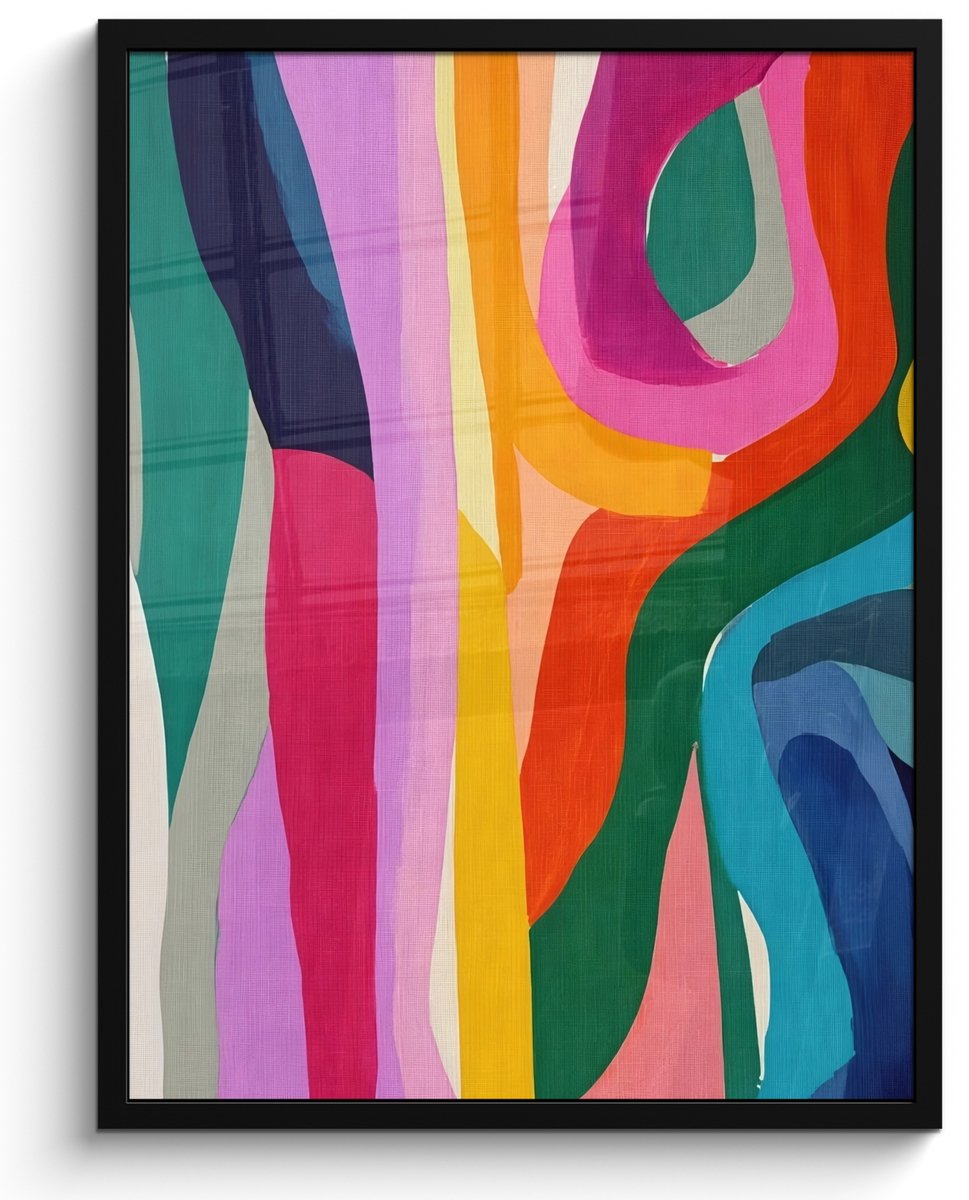 FrameYourWall Poster in lijst - Fotolijst 60x80 cm - Posters - Abstract - Kleurrijk - Golven - Lijnen - Posterlijst zwart - Decoratie - Wanddecoratie woonkamer - Muurdecoratie slaapkamer