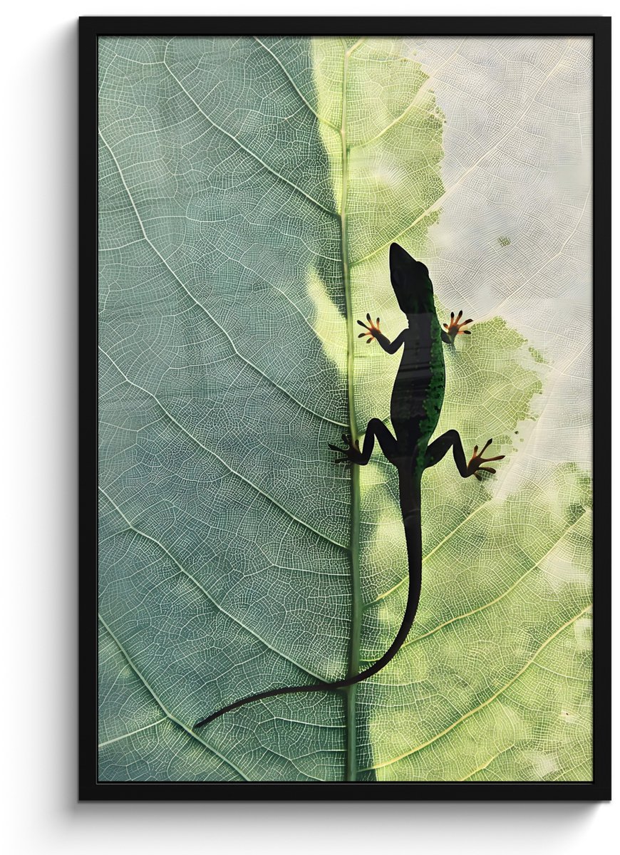 FrameYourWall Poster in lijst - Fotolijst 60x90 cm - Posters - Hagedis - Blad - Nerven - Groen - Posterlijst zwart - Decoratie - Wanddecoratie woonkamer - Muurdecoratie slaapkamer