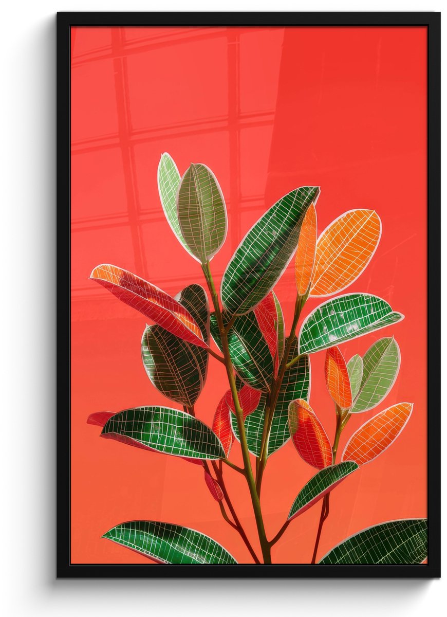 FrameYourWall Poster in lijst - Fotolijst 60x90 cm - Posters - Bladeren - Nerven - Oranje - Structuur - Posterlijst zwart - Decoratie - Wanddecoratie woonkamer - Muurdecoratie slaapkamer Bladeren - Nerven - Structuur
