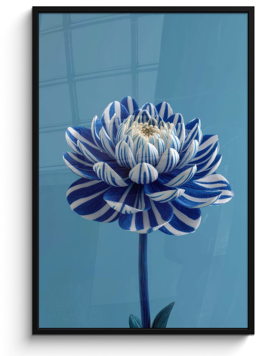 FrameYourWall Poster in lijst - Fotolijst 80x120 cm - Posters - Bloem - Blauw - Bloemblaadjes - Streepjes - Posterlijst zwart - Decoratie - Wanddecoratie woonkamer - Muurdecoratie slaapkamer
