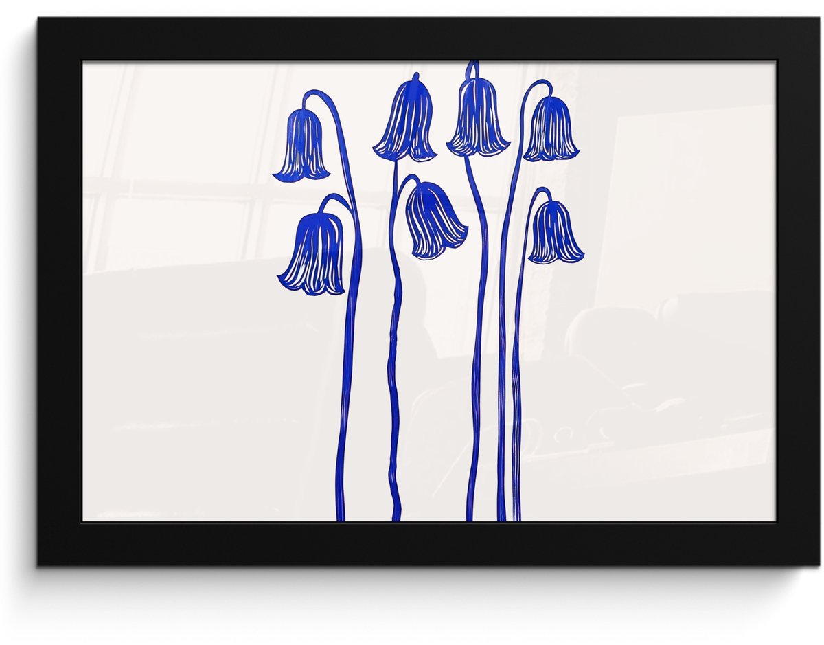 FrameYourWall Poster in lijst - Fotolijst 30x20 cm - Posters - Bloemen - Blauw - Lijnen - Bloemblaadjes - Posterlijst zwart - Decoratie - Wanddecoratie woonkamer - Muurdecoratie slaapkamer Bloemen - Bloemblaadjes