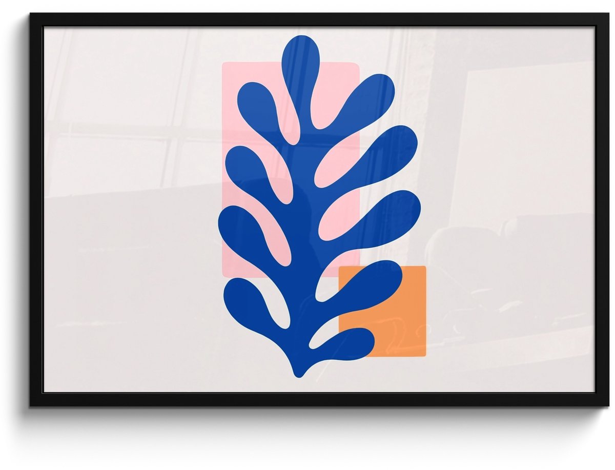 FrameYourWall Poster in lijst - Fotolijst 90x60 cm - Posters - Abstract - Blad - Blauw - Rechthoeken - Posterlijst zwart - Decoratie - Wanddecoratie woonkamer - Muurdecoratie slaapkamer
