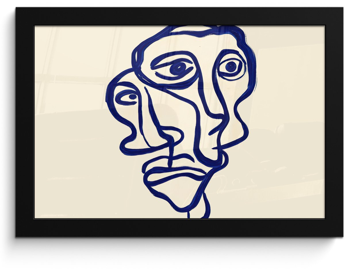 FrameYourWall Poster in lijst - Fotolijst 30x20 cm - Posters - Lijntekening - Overlappende gezichten - Donkerblauw - Posterlijst zwart - Decoratie - Wanddecoratie woonkamer - Muurdecoratie slaapkamer Overlappend - Gezichten