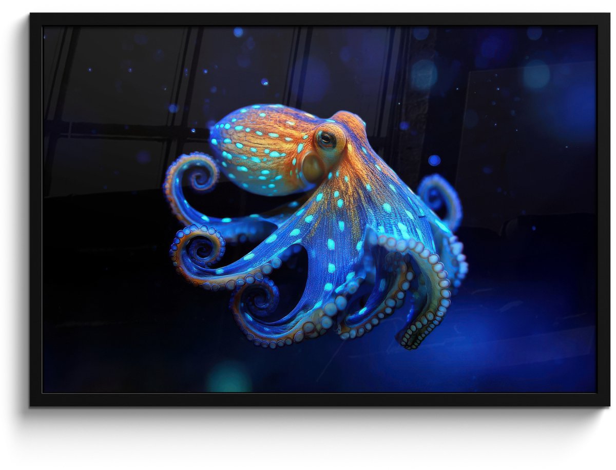 FrameYourWall Poster in lijst - Fotolijst 90x60 cm - Posters - Octopus - Stippen - Blauw - Zee - Posterlijst zwart - Decoratie - Wanddecoratie woonkamer - Muurdecoratie slaapkamer