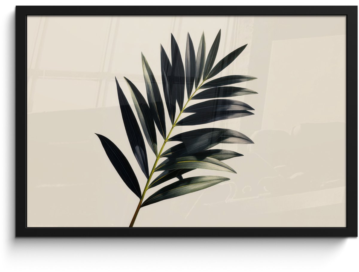 FrameYourWall Poster in lijst - Fotolijst 60x40 cm - Posters - Palmblad - Subtiel - Groen - beige - Posterlijst zwart - Decoratie - Wanddecoratie woonkamer - Muurdecoratie slaapkamer