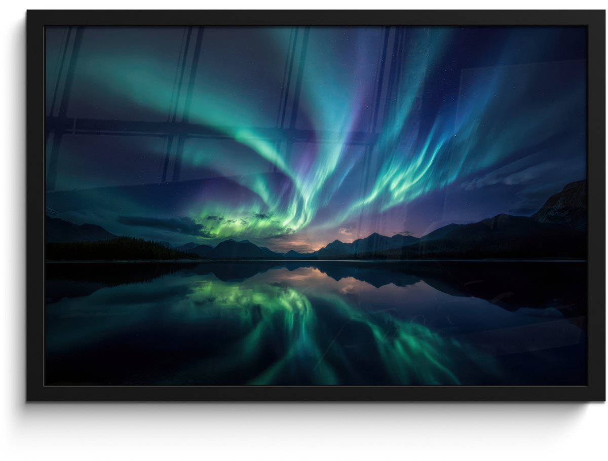 FrameYourWall Poster in lijst - Fotolijst 60x40 cm - Posters - Noorderlicht - Kleurrijk - Bergmeer - Posterlijst zwart - Decoratie - Wanddecoratie woonkamer - Muurdecoratie slaapkamer Noorderlicht - Meer - Bergen