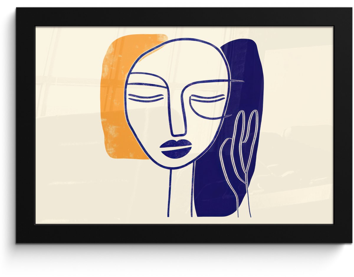 FrameYourWall Poster in lijst - Fotolijst 30x20 cm - Posters - Minimalistisch - Gezicht - Hand - Oranje - Blauw - Posterlijst zwart - Decoratie - Wanddecoratie woonkamer - Muurdecoratie slaapkamer Gezicht - Hand - Minimalistisch