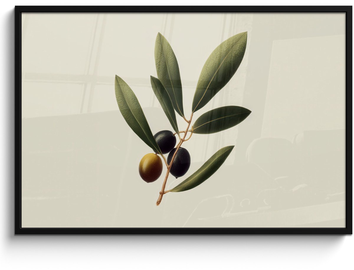 FrameYourWall Poster in lijst - Fotolijst 120x80 cm - Posters - Olijftak - Donkergroen - Olijven - Posterlijst zwart - Decoratie - Wanddecoratie woonkamer - Muurdecoratie slaapkamer