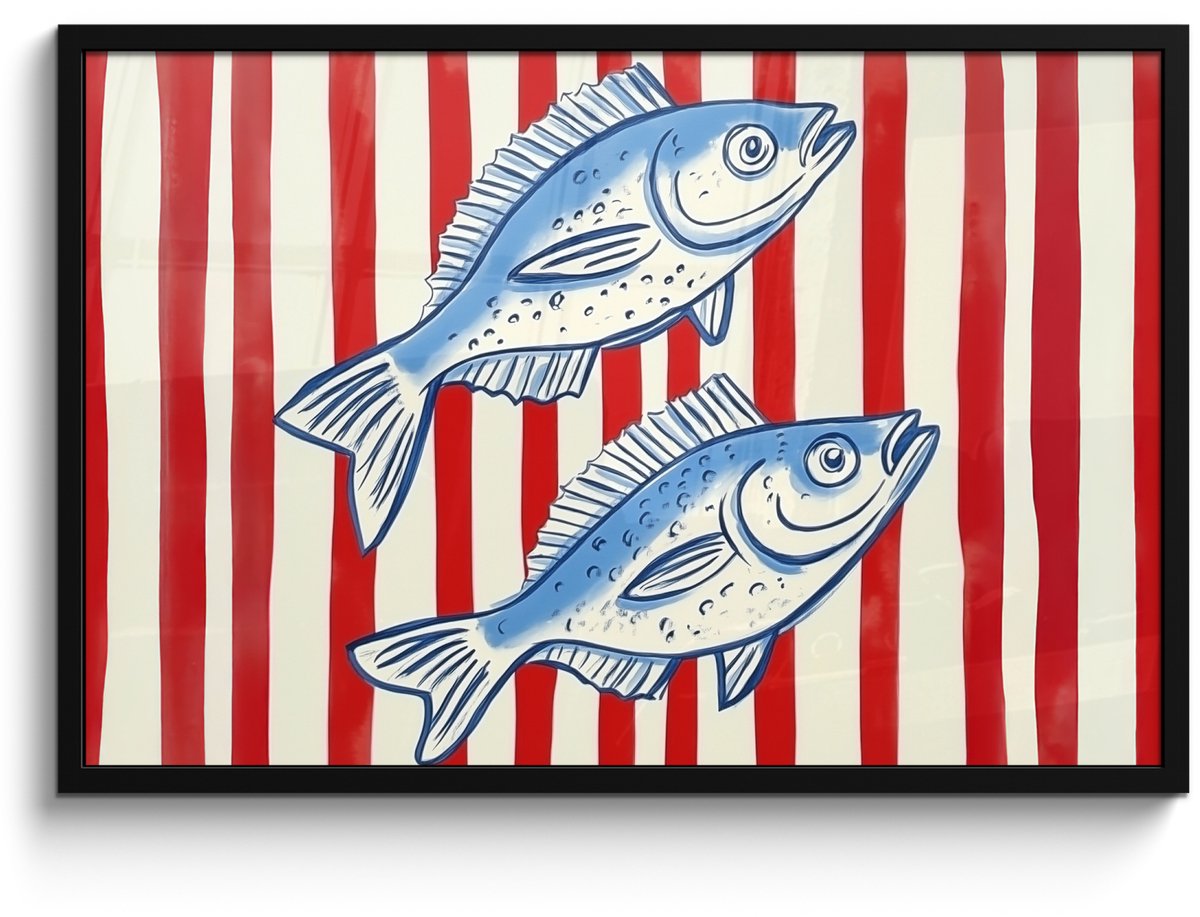 FrameYourWall Poster in lijst - Fotolijst 90x60 cm - Posters - Vissen - Verticale strepen - Blauw - Rood - Posterlijst zwart - Decoratie - Wanddecoratie woonkamer - Muurdecoratie slaapkamer Vissen - Strepen