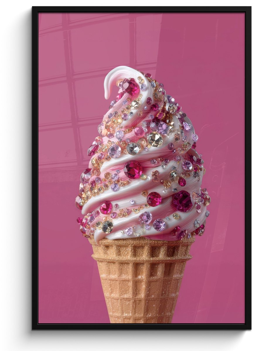 FrameYourWall Poster in lijst - Fotolijst 80x120 cm - Posters - Softijs - Edelstenen - Roze - Hoorntje - Posterlijst zwart - Decoratie - Wanddecoratie woonkamer - Muurdecoratie slaapkamer