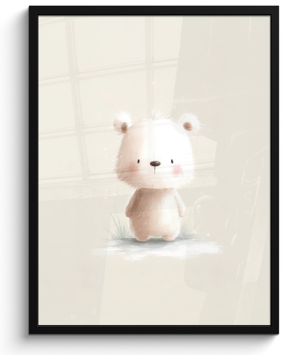 FrameYourWall Poster in lijst - Fotolijst 60x80 cm - Posters - Beertje - Sneeuwvlokje - Wit - Pluizig - Posterlijst zwart - Decoratie - Wanddecoratie woonkamer - Muurdecoratie slaapkamer