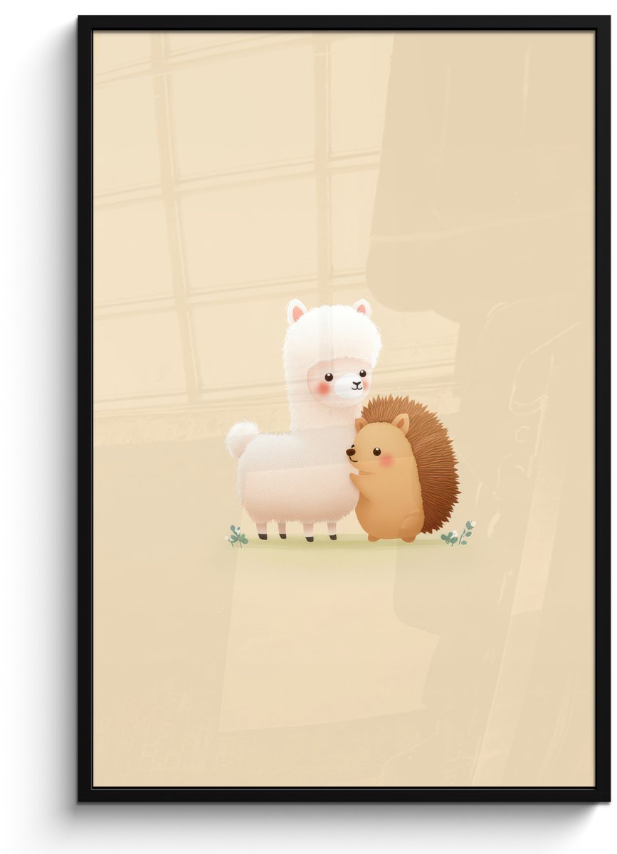 FrameYourWall Poster in lijst - Fotolijst 80x120 cm - Posters - Alpaca - Egel - Bruin - Knuffelen - Posterlijst zwart - Decoratie - Wanddecoratie woonkamer - Muurdecoratie slaapkamer