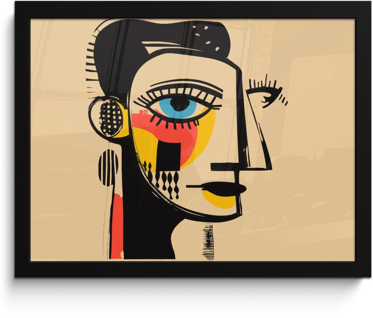 FrameYourWall Poster in lijst - Fotolijst 40x30 cm - Posters - Geometrisch - Felle kleuren - Kubistische stijl - Posterlijst zwart - Decoratie - Wanddecoratie woonkamer - Muurdecoratie slaapkamer Gezicht - Kunst