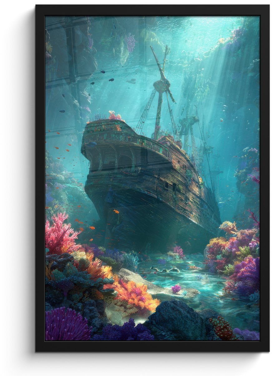 FrameYourWall Poster in lijst - Fotolijst 40x60 cm - Posters - Schip - Hout - Koraalriffen - Zonlicht - Posterlijst zwart - Decoratie - Wanddecoratie woonkamer - Muurdecoratie slaapkamer