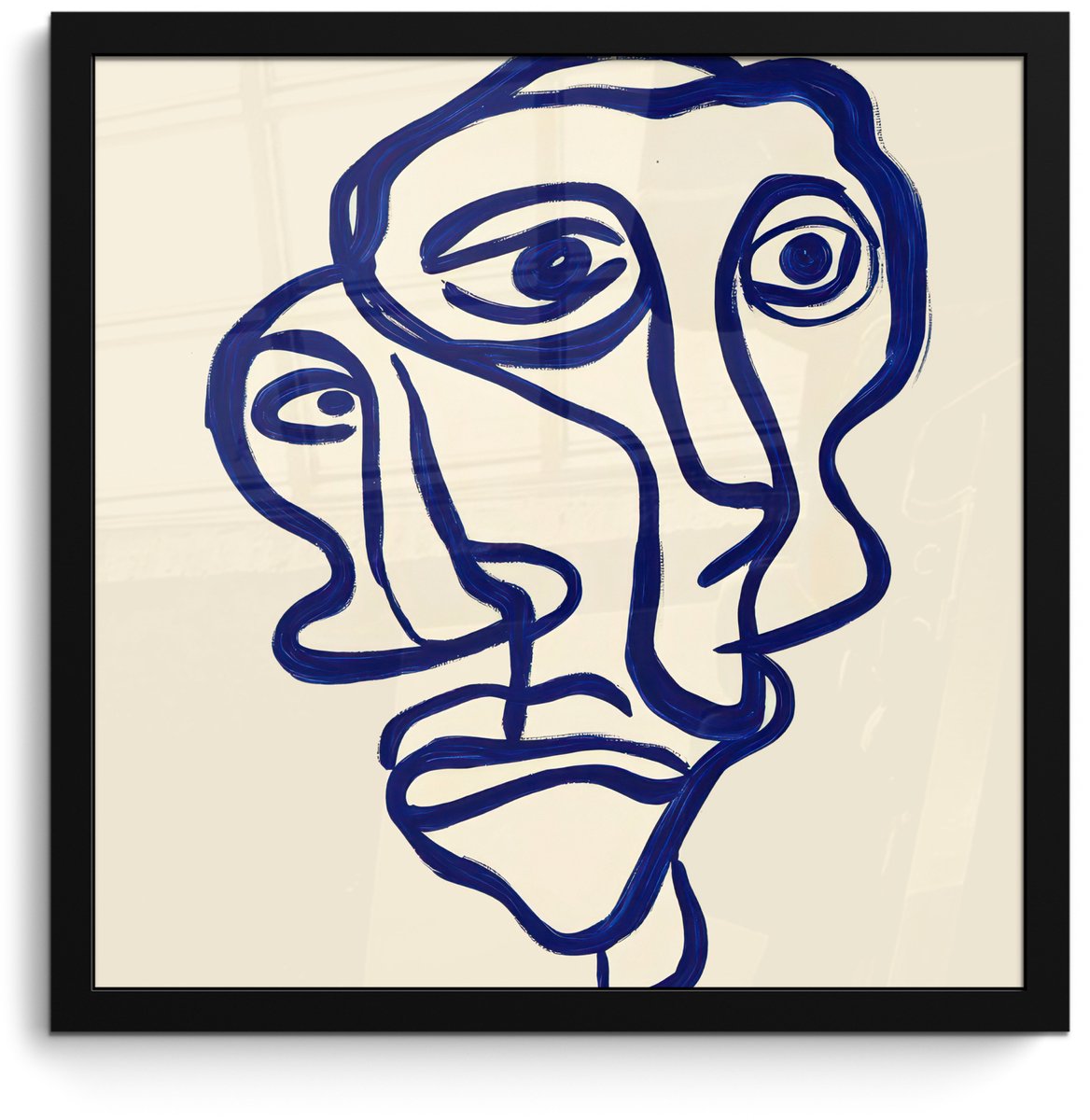 FrameYourWall Poster in lijst - Fotolijst 40x40 cm - Posters - Lijntekening - Overlappende gezichten - Donkerblauw - Posterlijst zwart - Decoratie - Wanddecoratie woonkamer - Muurdecoratie slaapkamer Overlappend - Gezichten