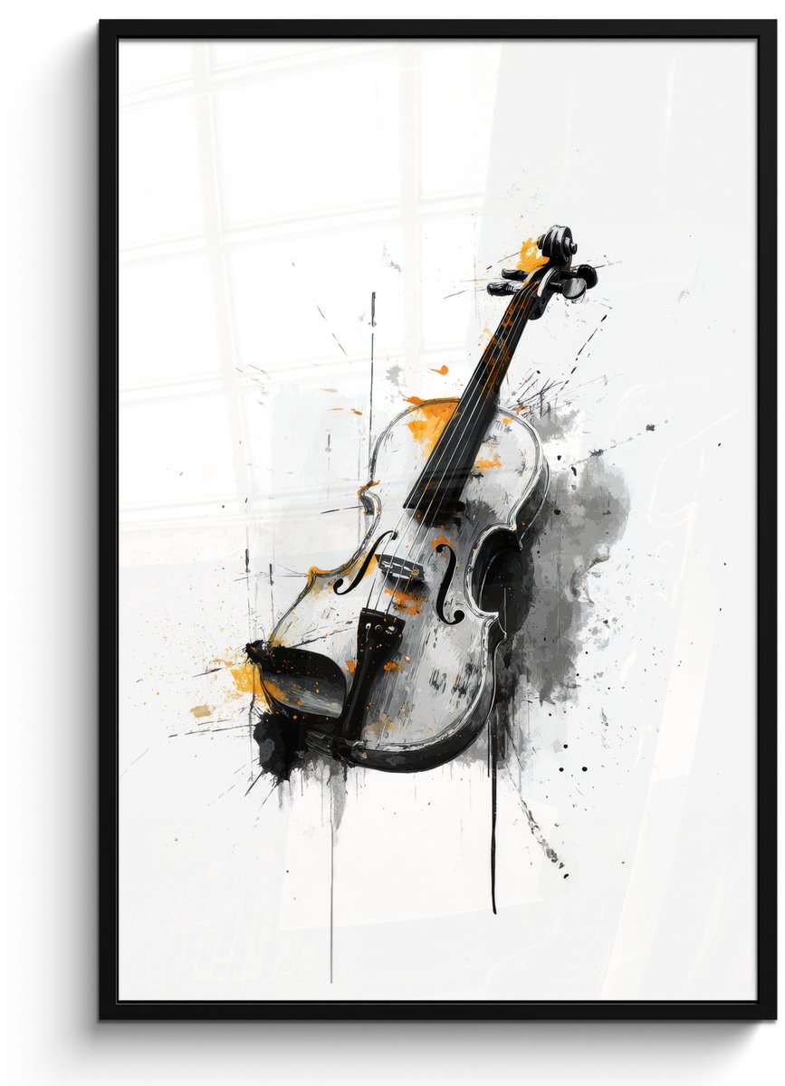 FrameYourWall Poster in lijst - Fotolijst 80x120 cm - Posters - Viool - Oranje - Zwart - Penseelstreken - Posterlijst zwart - Decoratie - Wanddecoratie woonkamer - Muurdecoratie slaapkamer