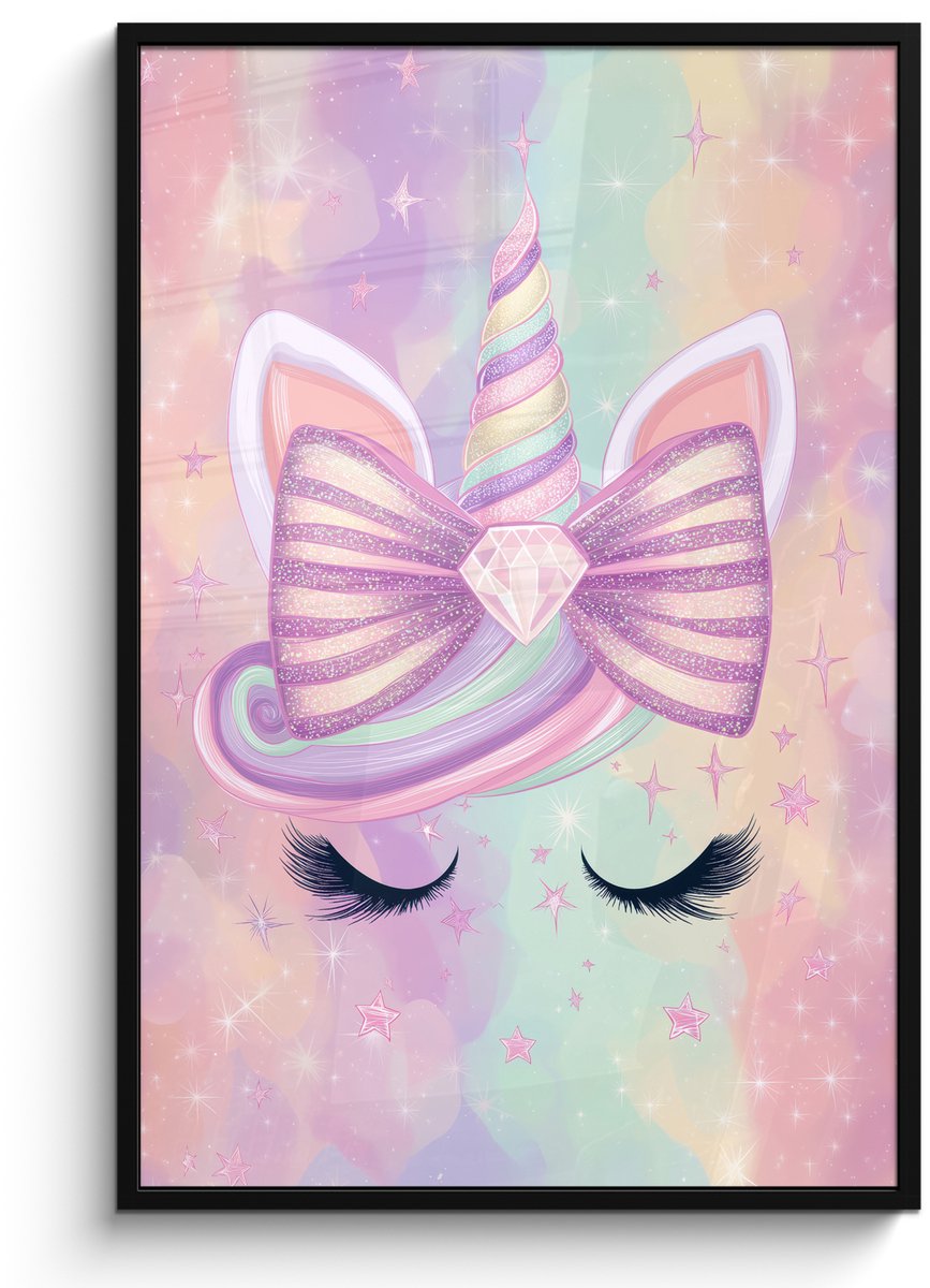 FrameYourWall Poster in lijst - Fotolijst 80x120 cm - Posters - Eenhoorn - Glitters - Regenboog - Pastel - Posterlijst zwart - Decoratie - Wanddecoratie woonkamer - Muurdecoratie slaapkamer