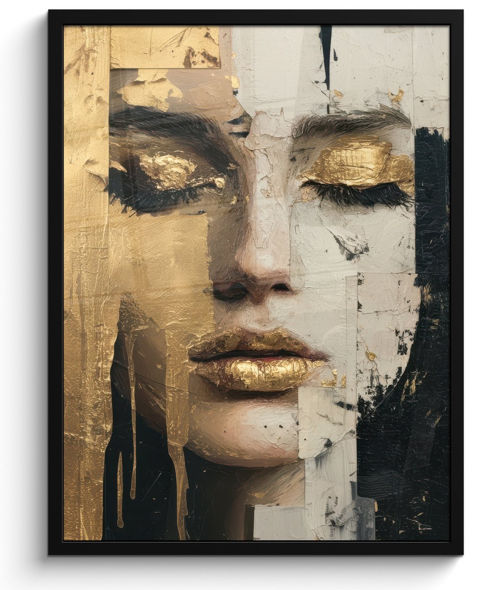 FrameYourWall Poster in lijst - Fotolijst 60x80 cm - Posters - Abstract - Goud - Gezicht - Lippen - Posterlijst zwart - Decoratie - Wanddecoratie woonkamer - Muurdecoratie slaapkamer Abstract - Gezicht - Lippen