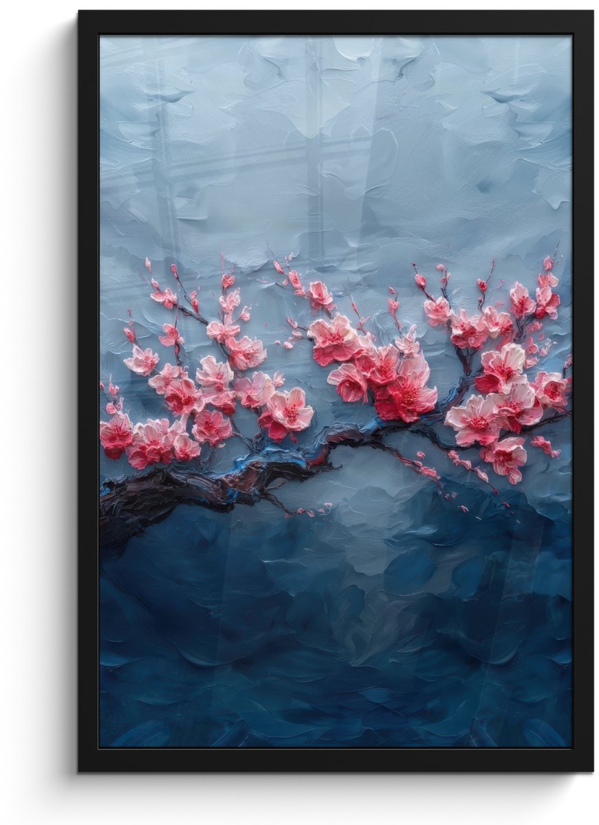 FrameYourWall Poster in lijst - Fotolijst 40x60 cm - Posters - Bloesem - Bloem - Roze - Tak - Posterlijst zwart - Decoratie - Wanddecoratie woonkamer - Muurdecoratie slaapkamer Bloesem - Tak