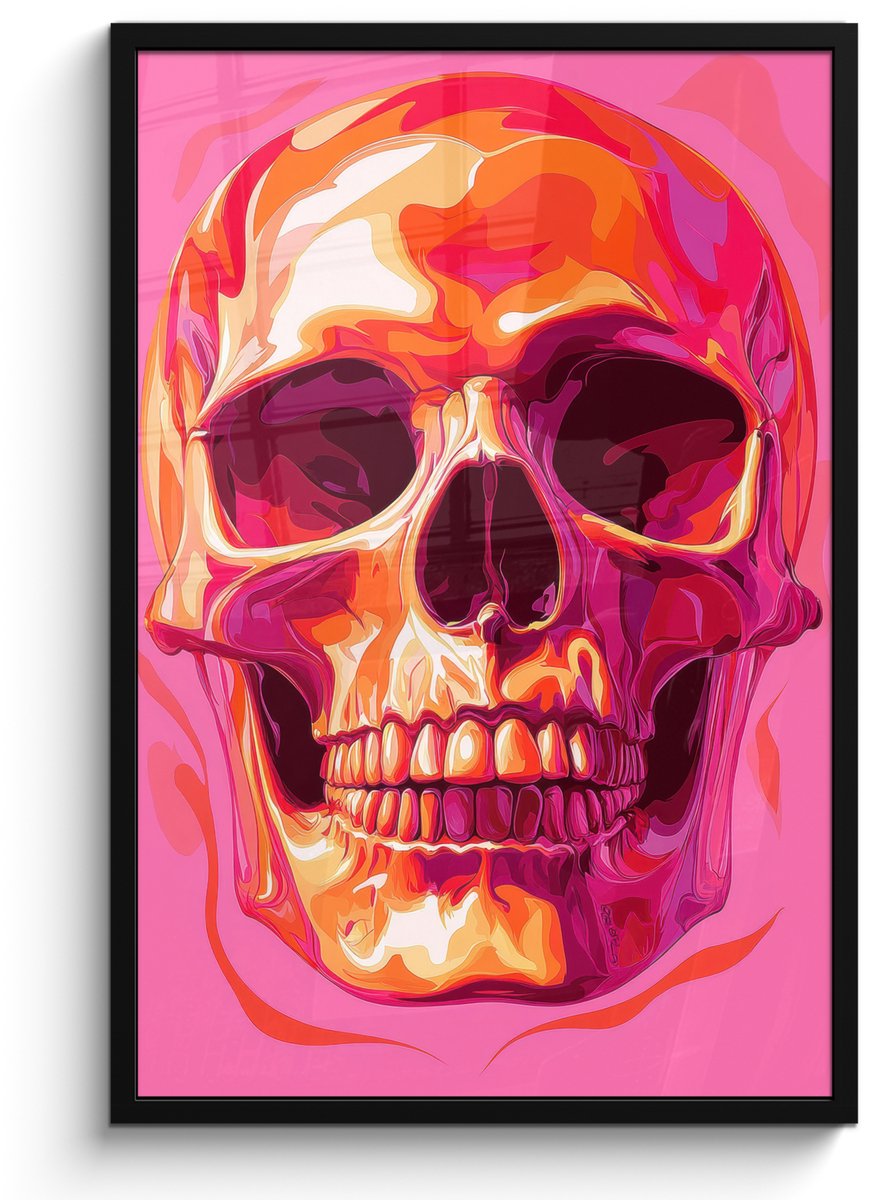 FrameYourWall Poster in lijst - Fotolijst 60x90 cm - Posters - Felroze - Tanden - Schedel - Posterlijst zwart - Decoratie - Wanddecoratie woonkamer - Muurdecoratie slaapkamer Schedel - Tanden