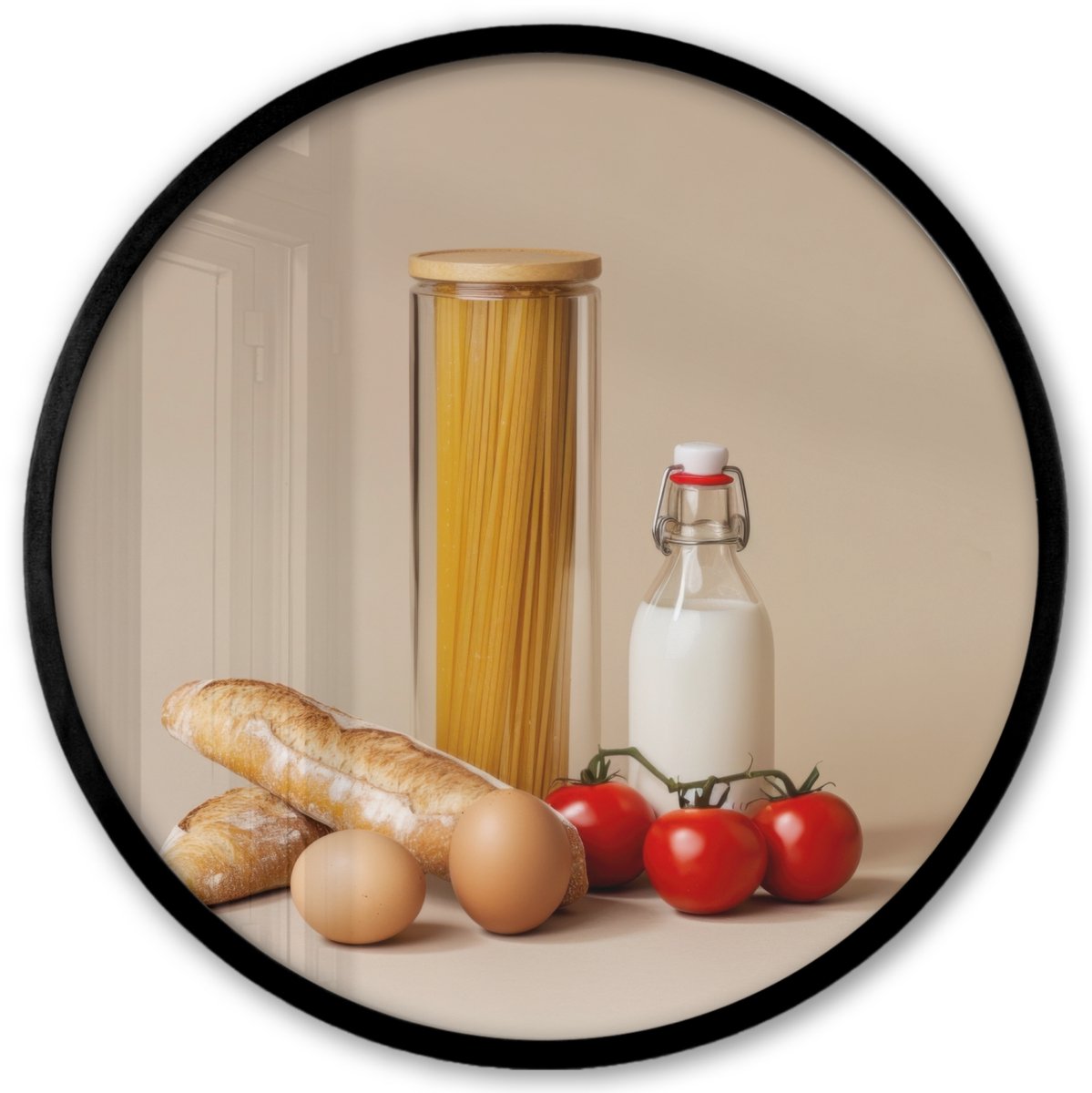 FrameYourWall Poster in lijst Rond - Fotolijst 40x40 cm - Posters - Spaghetti - Melk - Tomaten - Eieren - Brood - Ronde posterlijst zwart - Decoratie - Wanddecoratie woonkamer - Muurdecoratie slaapkamer