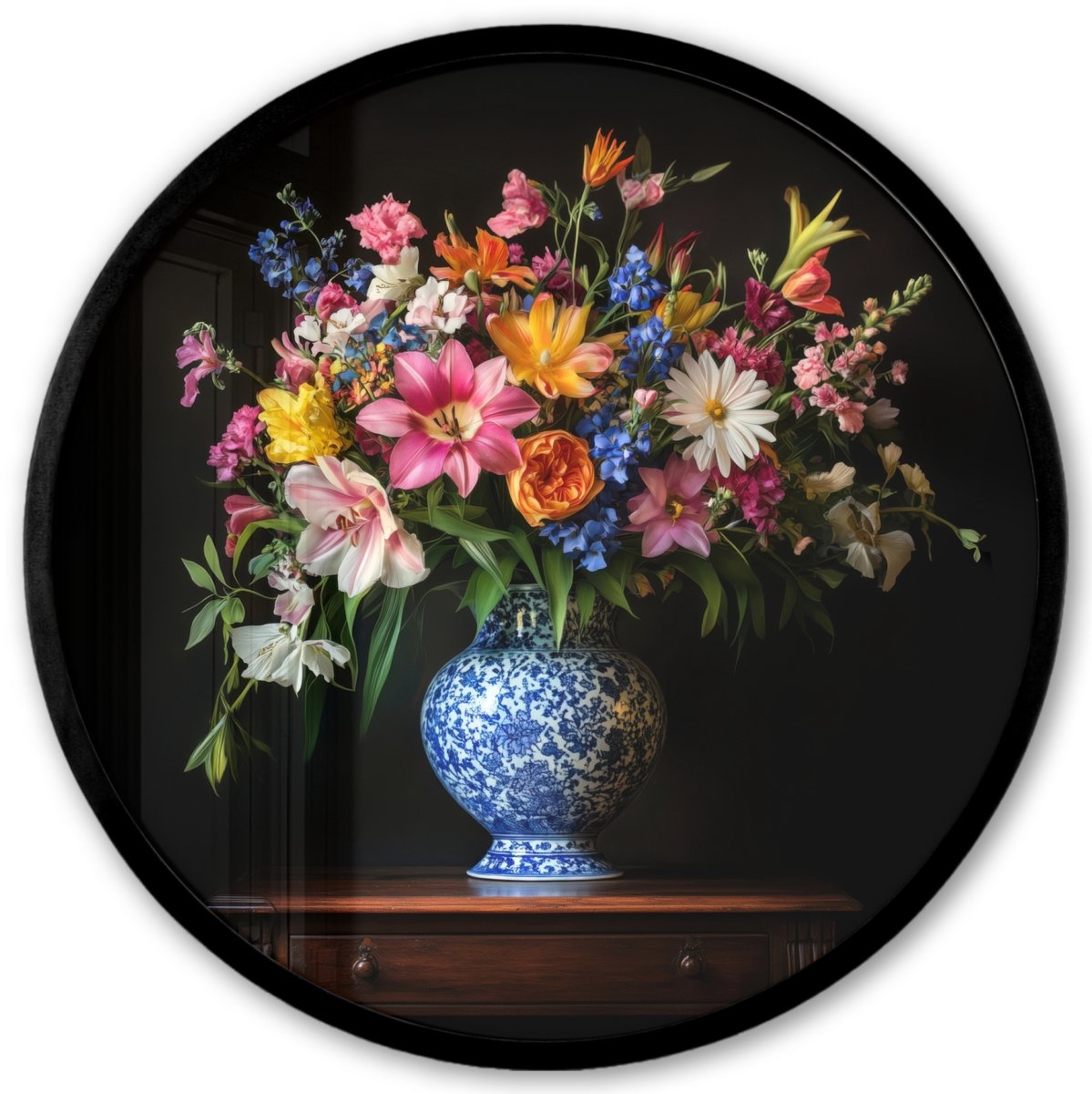 FrameYourWall Poster in lijst Rond - Fotolijst 40x40 cm - Posters - Kleur - Vaas - Bloemen - Boeket - Ronde posterlijst zwart - Decoratie - Wanddecoratie woonkamer - Muurdecoratie slaapkamer Bloemen - Kleurrijk