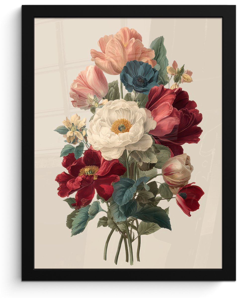 FrameYourWall Poster in lijst - Fotolijst 30x40 cm - Posters - Boeket - Warme tinten - Elegant - Posterlijst zwart - Decoratie - Wanddecoratie woonkamer - Muurdecoratie slaapkamer Boeket - Elegant
