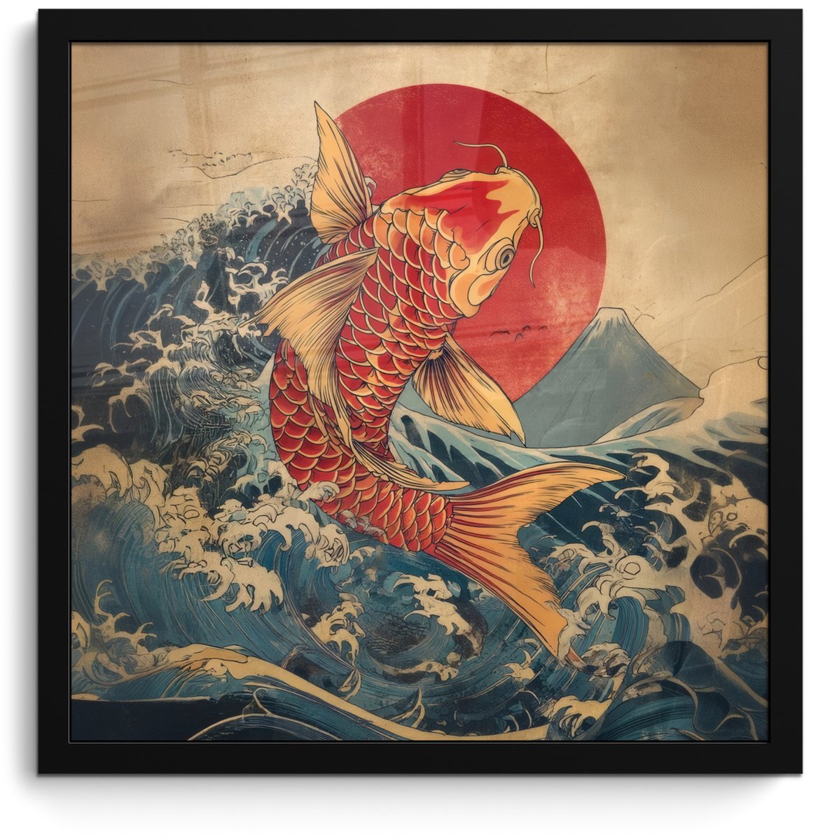 FrameYourWall Poster in lijst - Fotolijst 40x40 cm - Posters - Koi - Zee - Golven - Zon - Posterlijst zwart - Decoratie - Wanddecoratie woonkamer - Muurdecoratie slaapkamer