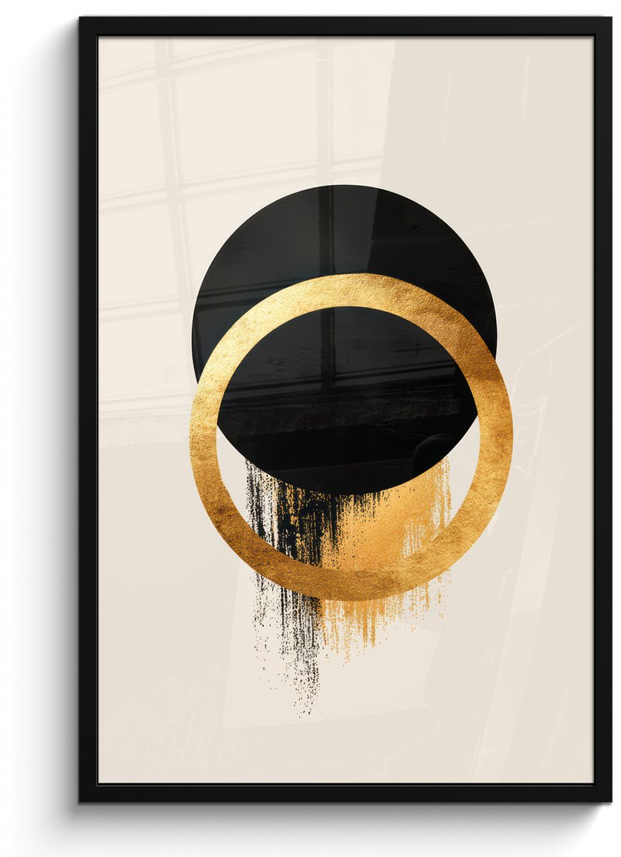 FrameYourWall Poster in lijst - Fotolijst 60x90 cm - Posters - Abstract ontwerp - Zwarte cirkel - Verfvlekken - Posterlijst zwart - Decoratie - Wanddecoratie woonkamer - Muurdecoratie slaapkamer Cirkels - Verfvlekken