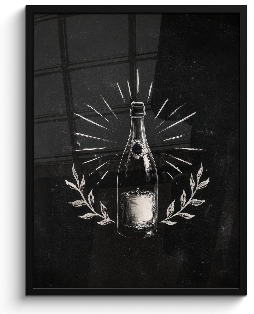 FrameYourWall Poster in lijst - Fotolijst 60x80 cm - Posters - Champagnefles - Lauriertakken - Zwarte achtergrond - Posterlijst zwart - Decoratie - Wanddecoratie woonkamer - Muurdecoratie slaapkamer