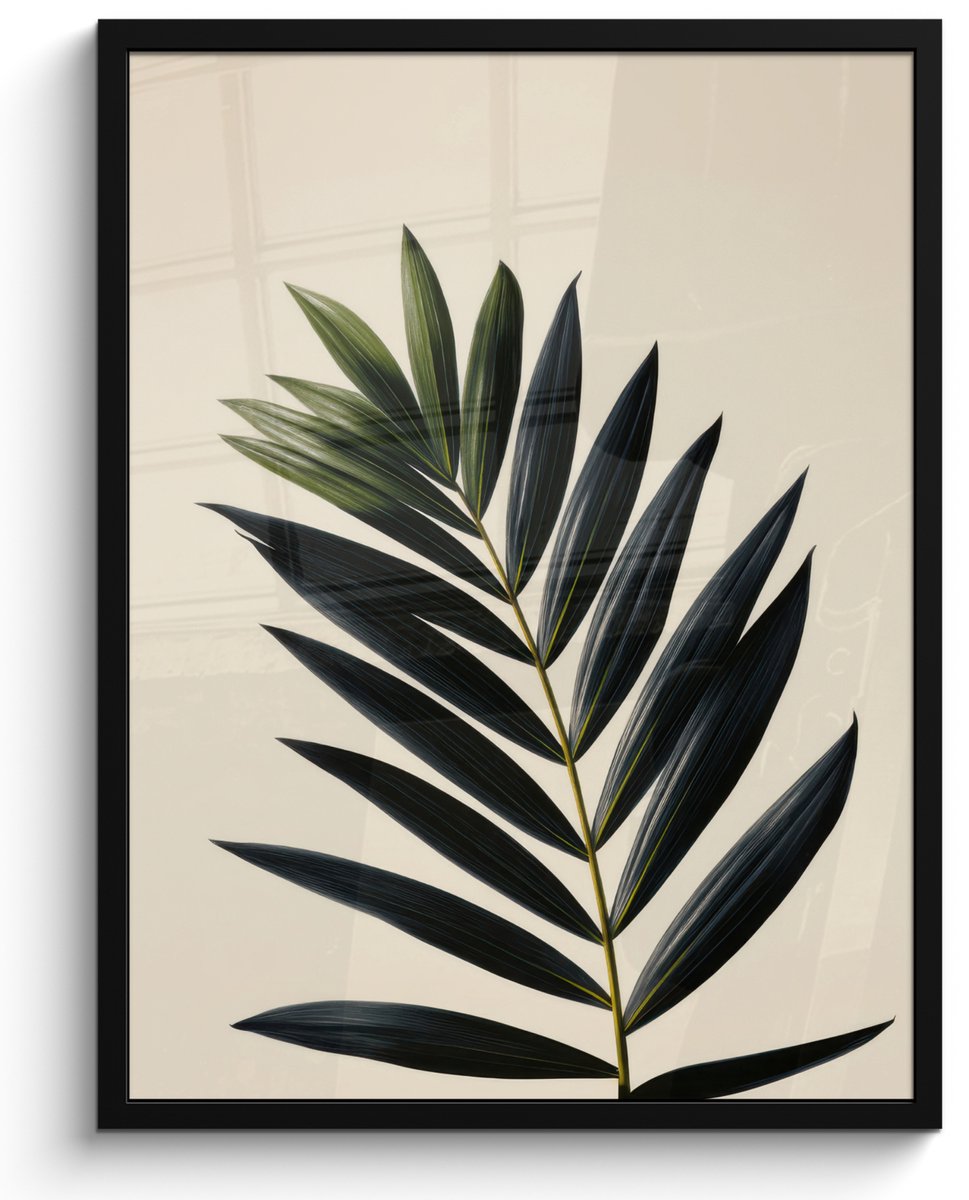 FrameYourWall Poster in lijst - Fotolijst 60x80 cm - Posters - Palmblad - Donkere bladen - Subtiel - Posterlijst zwart - Decoratie - Wanddecoratie woonkamer - Muurdecoratie slaapkamer Palmblad - Subtiel