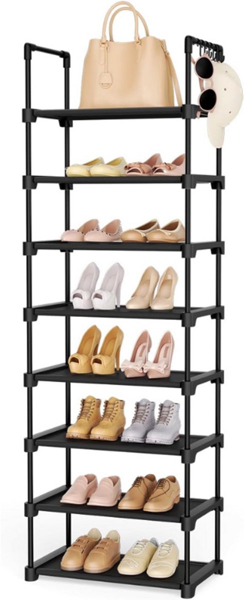 Schoenenrek 8 Niveaus - Smalle Hoge Open Schoenenkast - Ruimtebesparende Schoenenopberger Voor 16 Paar Schoenen - Inclusief 5 Haken - Ideaal Voor Hal Entree Slaapkamer En Garderobe - Zwart