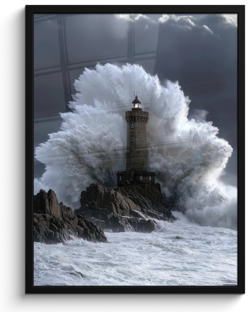 FrameYourWall Poster in lijst - Fotolijst 60x80 cm - Posters - Golf - Vuurtoren - Schuimend water - Posterlijst zwart - Decoratie - Wanddecoratie woonkamer - Muurdecoratie slaapkamer
