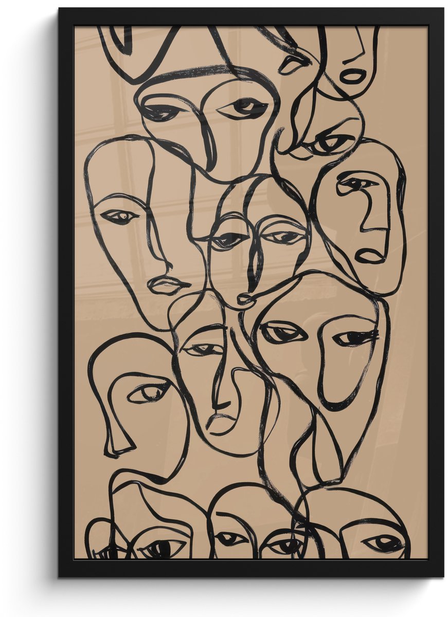 FrameYourWall Poster in lijst - Fotolijst 40x60 cm - Posters - Gezichtenzee - Lijntekening - Abstract - Posterlijst zwart - Decoratie - Wanddecoratie woonkamer - Muurdecoratie slaapkamer Gezichten - Lijntekening