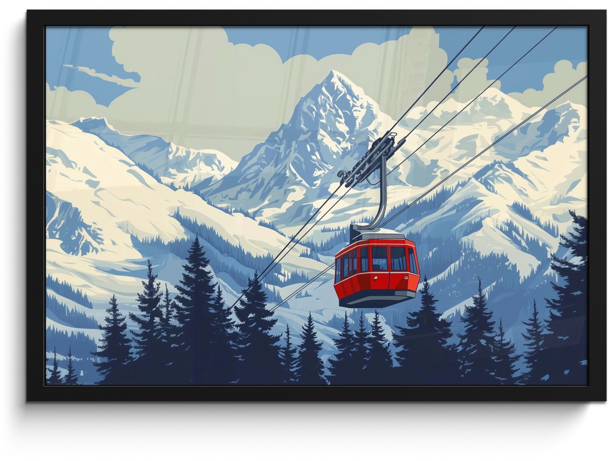 FrameYourWall Poster in lijst - Fotolijst 60x40 cm - Posters - Kabelbaan - Sneeuw - Berglandschap - Posterlijst zwart - Decoratie - Wanddecoratie woonkamer - Muurdecoratie slaapkamer Kabelbaan - Bergen - Sneeuw