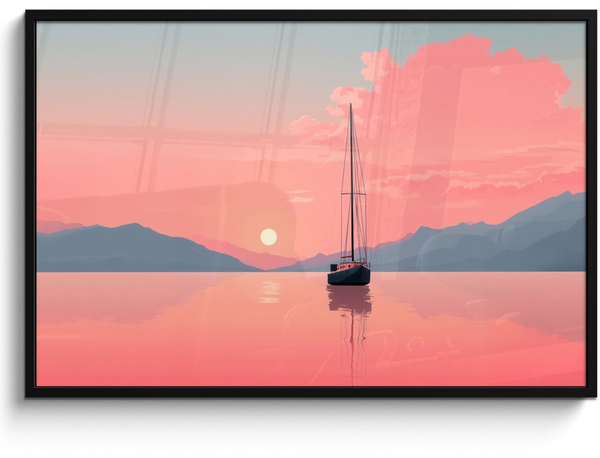 FrameYourWall Poster in lijst - Fotolijst 120x80 cm - Posters - Zeilboot - Roze zee - Zonsondergang - Bergen - Posterlijst zwart - Decoratie - Wanddecoratie woonkamer - Muurdecoratie slaapkamer Zeilboot - Zee - Bergen