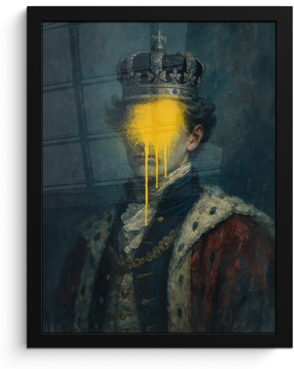 FrameYourWall Poster in lijst - Fotolijst 30x40 cm - Posters - Koning - Portret - Druipende gele verf - Posterlijst zwart - Decoratie - Wanddecoratie woonkamer - Muurdecoratie slaapkamer Koning - Portret - Verf