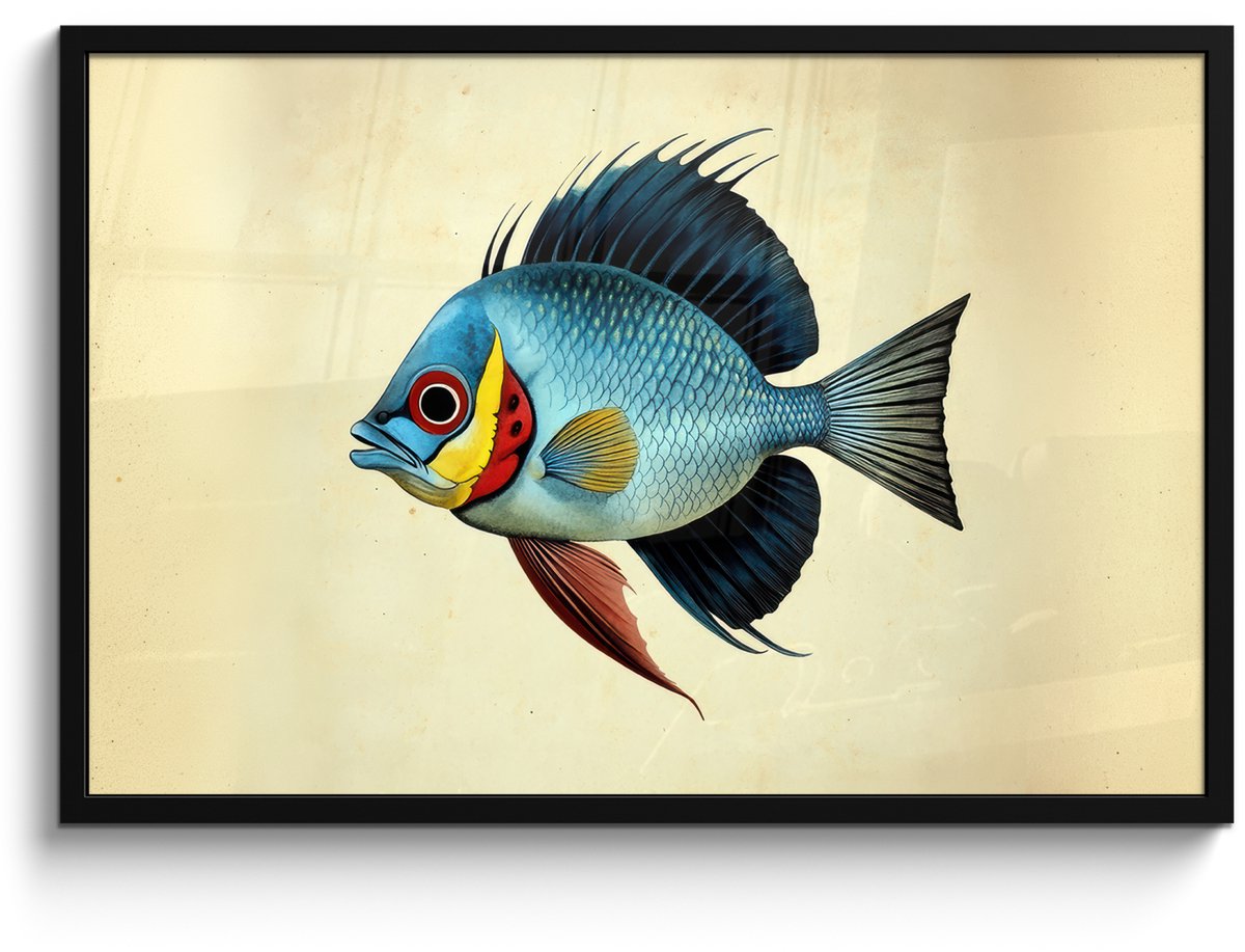 FrameYourWall Poster in lijst - Fotolijst 90x60 cm - Posters - Blauw - Kieuwen - Vis - Illustratie - Posterlijst zwart - Decoratie - Wanddecoratie woonkamer - Muurdecoratie slaapkamer Vis - Kieuwen
