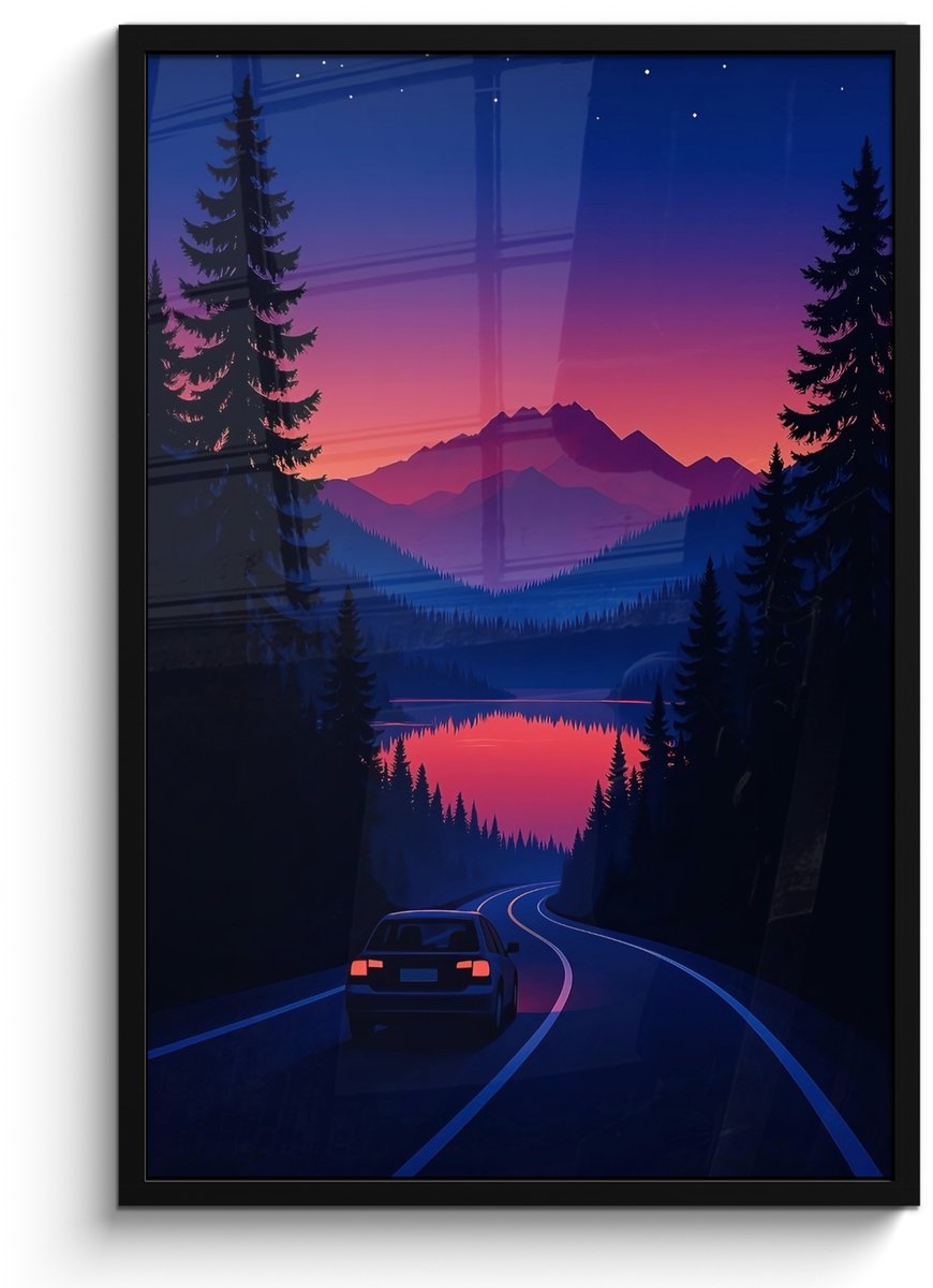FrameYourWall Poster in lijst - Fotolijst 60x90 cm - Posters - Auto - Donkere dennenbomen - Zonsondergang - Posterlijst zwart - Decoratie - Wanddecoratie woonkamer - Muurdecoratie slaapkamer Auto - Dennenbomen - Zonsondergang