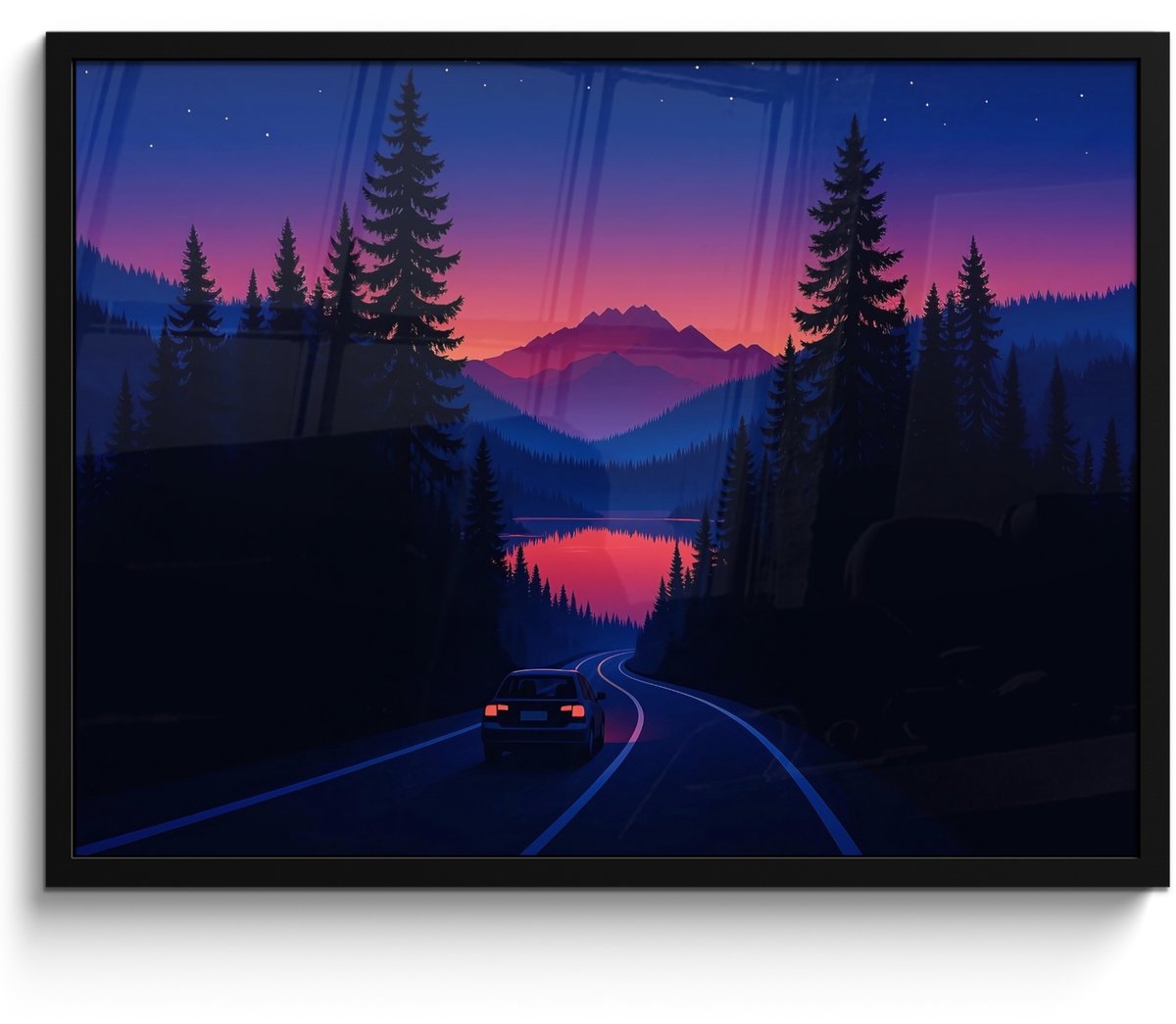 FrameYourWall Poster in lijst - Fotolijst 80x60 cm - Posters - Auto - Donkere dennenbomen - Zonsondergang - Posterlijst zwart - Decoratie - Wanddecoratie woonkamer - Muurdecoratie slaapkamer Auto - Dennenbomen - Zonsondergang