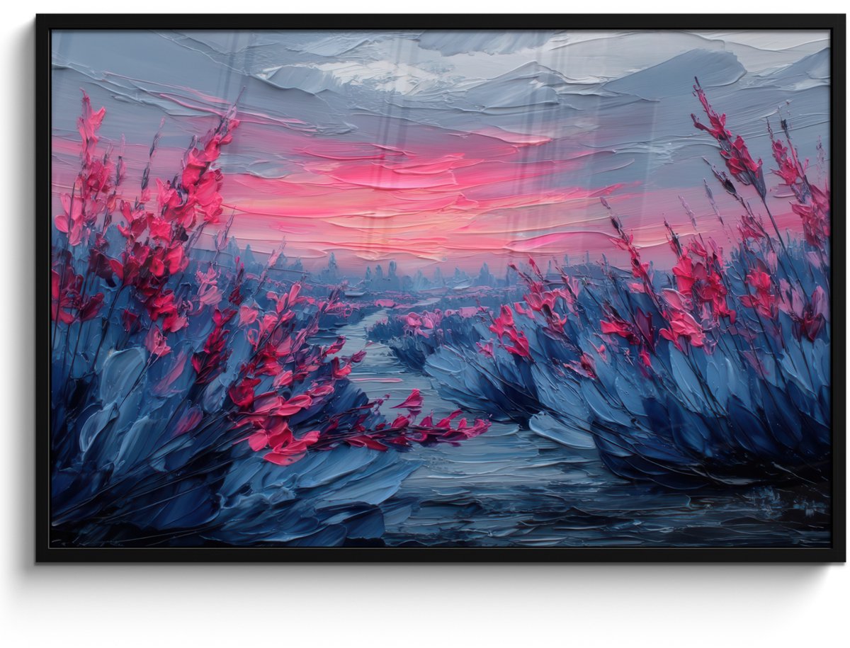 FrameYourWall Poster in lijst - Fotolijst 120x80 cm - Posters - Schilderij - Zonsondergang - Bloemen - Rivier - Posterlijst zwart - Decoratie - Wanddecoratie woonkamer - Muurdecoratie slaapkamer