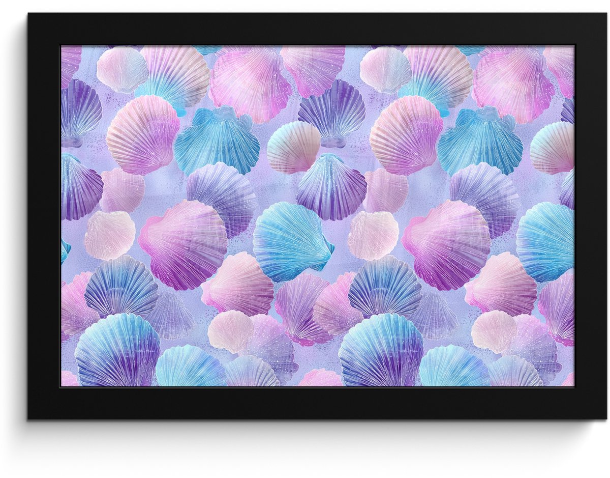 FrameYourWall Poster in lijst - Fotolijst 30x20 cm - Posters - Schelpen - Paars - Blauw - Patroon - Posterlijst zwart - Decoratie - Wanddecoratie woonkamer - Muurdecoratie slaapkamer