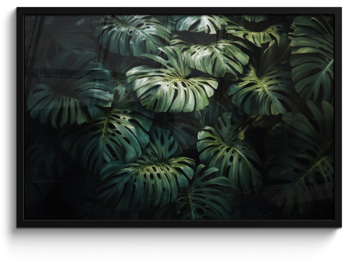 FrameYourWall Poster in lijst - Fotolijst 90x60 cm - Posters - Plant - Monstera - Lichtinval - Posterlijst zwart - Decoratie - Wanddecoratie woonkamer - Muurdecoratie slaapkamer Bladeren - Glad