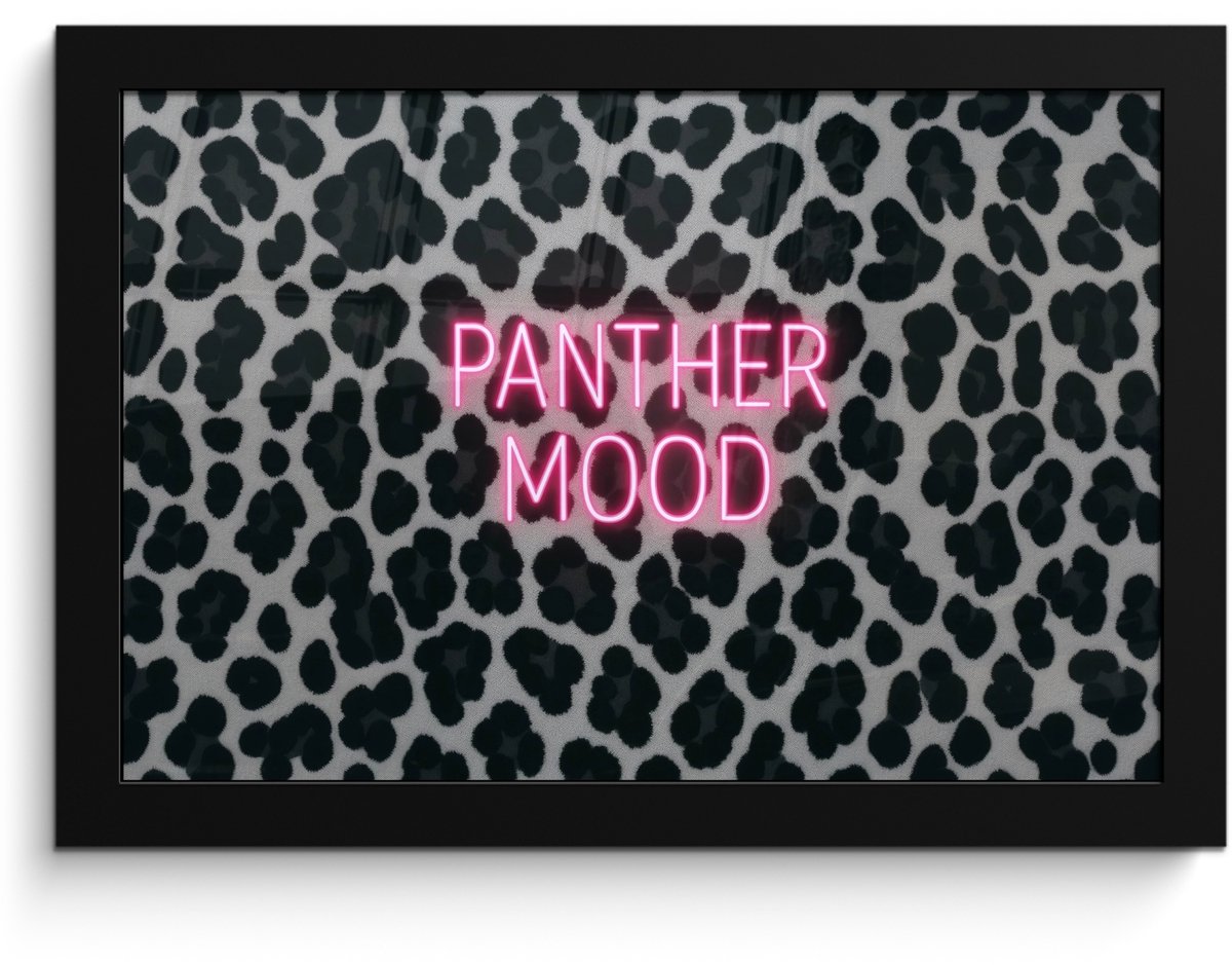 FrameYourWall Poster in lijst - Fotolijst 30x20 cm - Posters - Panterprint - Zwart - Neonletters - Roze - Posterlijst zwart - Decoratie - Wanddecoratie woonkamer - Muurdecoratie slaapkamer Panterprint - Tekst