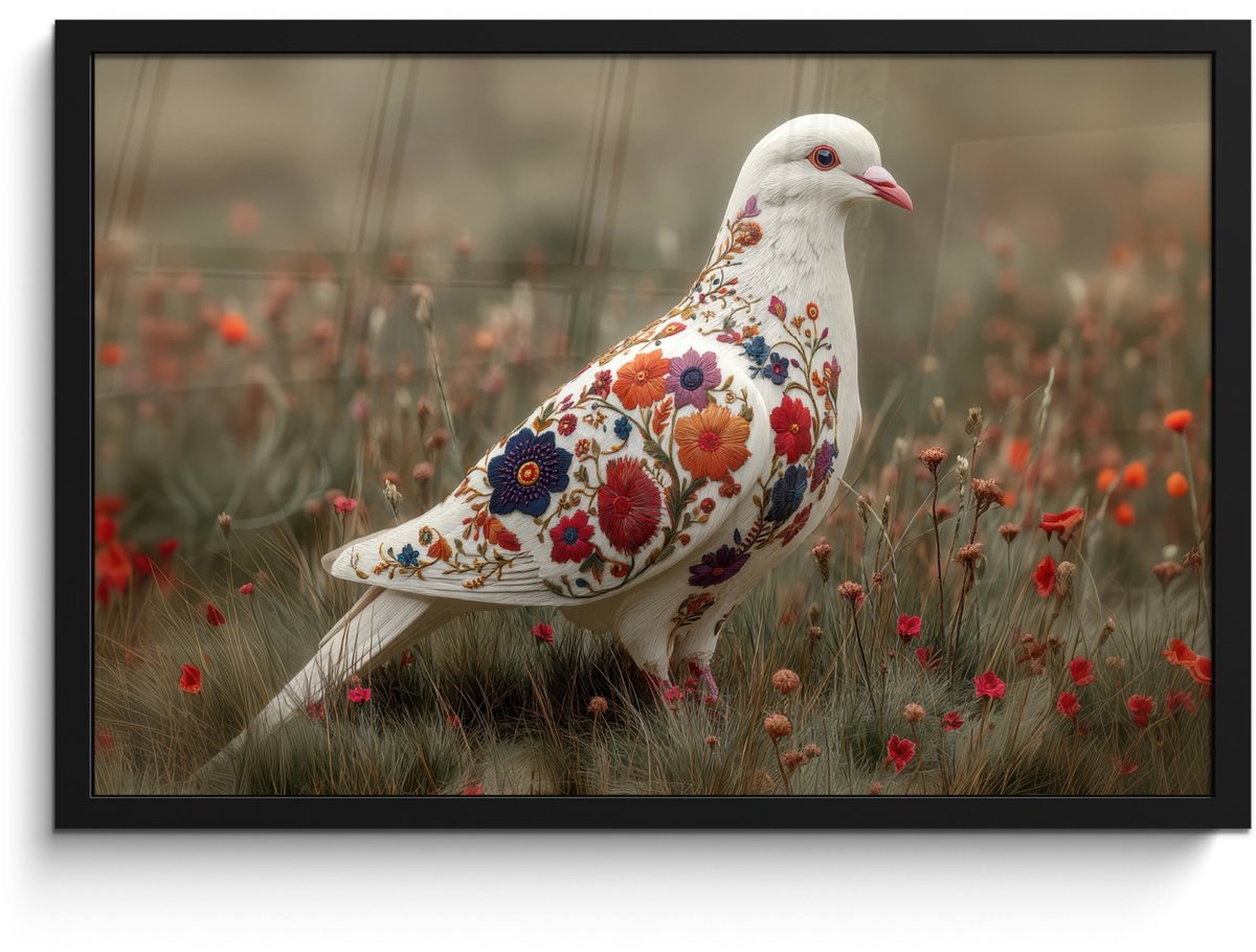 FrameYourWall Poster in lijst - Fotolijst 60x40 cm - Posters - Duif - Bloemen - Natuur - Posterlijst zwart - Decoratie - Wanddecoratie woonkamer - Muurdecoratie slaapkamer