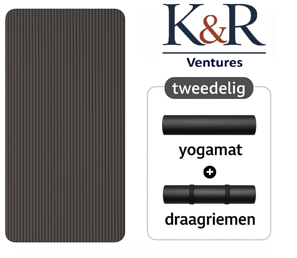 K&R Ventures® Yogamat – Niet giftige Hoge Dichtheid Fitnessmat – Antislip & Krasbestendig – Inclusief Draagriem – 185x61x1 cm – Voor Yoga, Pilates, Gym & Fitness – Zwart