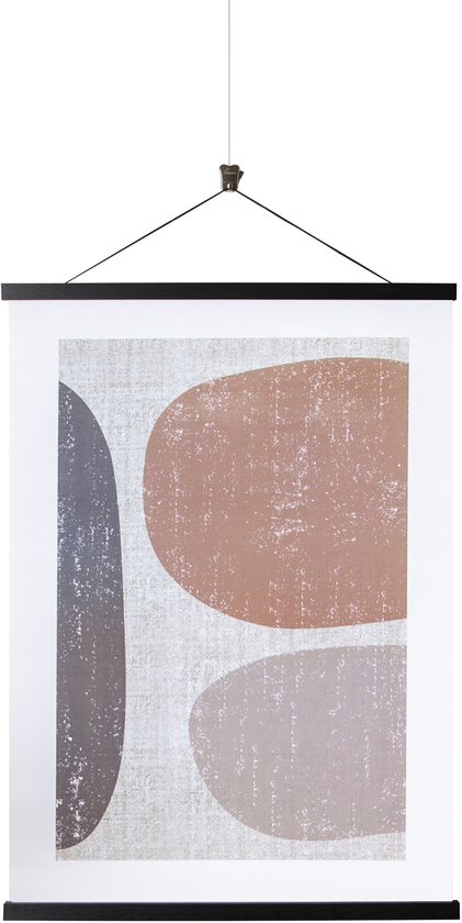 Affiche aux formes abstraites arrondies dans des tons brun, gris et violet.