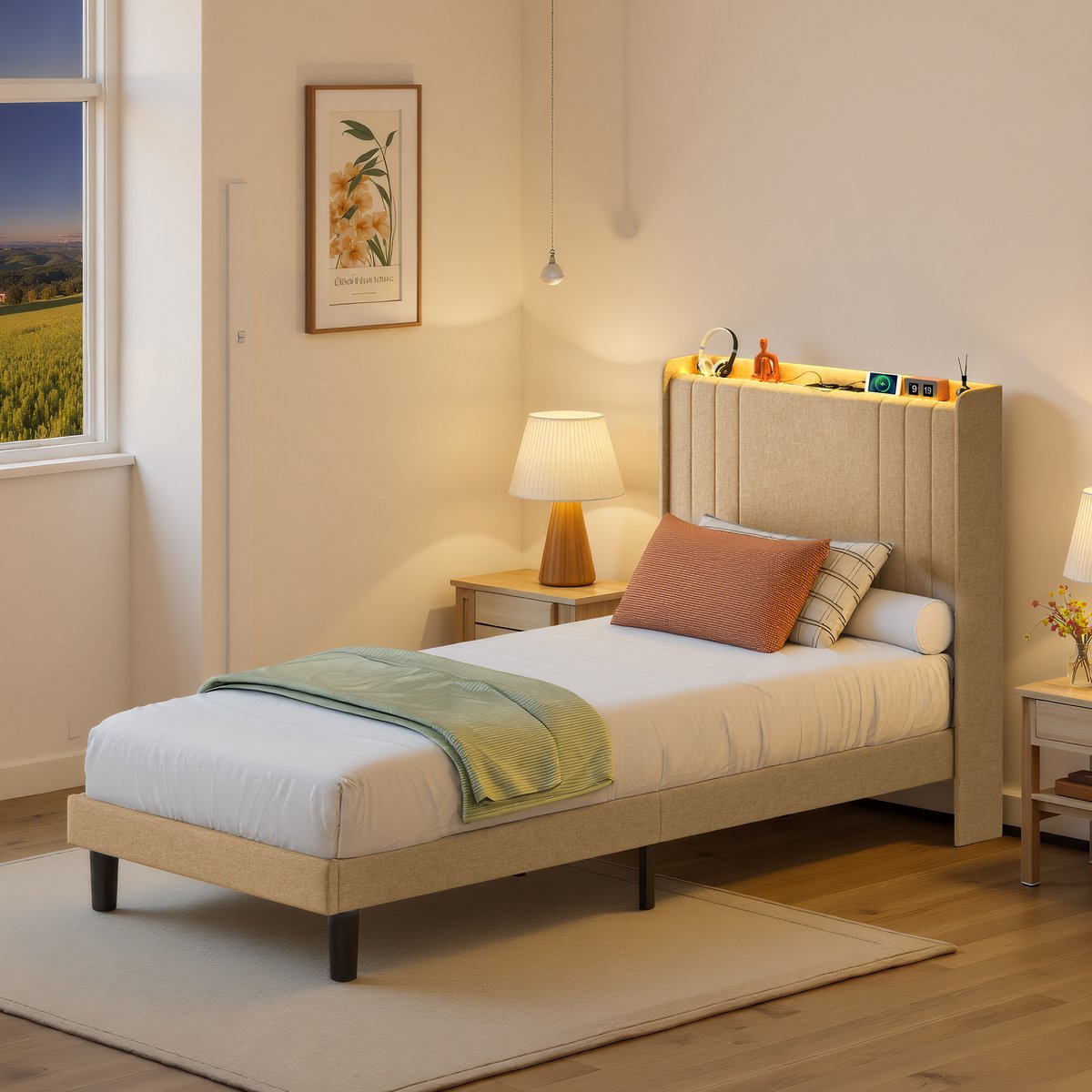 Xbro Gestoffeerd Bed 90 x 200 cm – met LED-Verlichting & USB/Type-C Oplaadpoort – Eenpersoonsbed met Hoofdbord en Lattenbodem – Beige — cadeau in Cadeau-ideeën - foto 5
