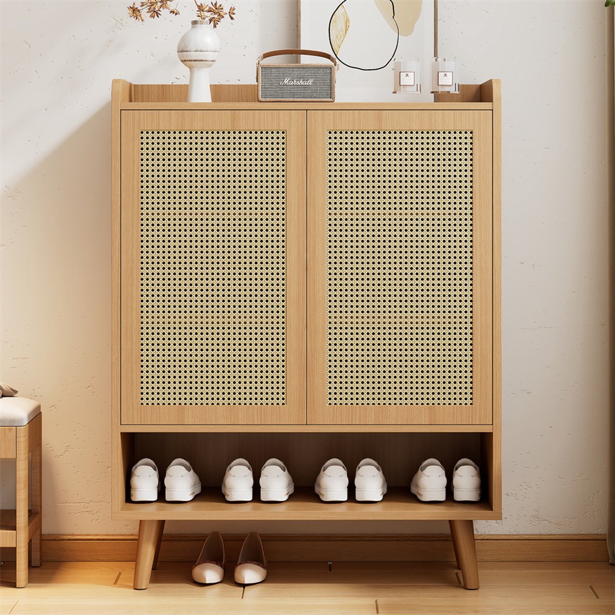 YEHTOKHOME Natuurlijke Rotan Schoenenkast - Schoenenrek met 2 deuren en 5 planken - met houten handvatten en massief houten poten - 80x35x105 cm